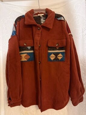 easel Rust Brown Fleece Shirt Jacket with Aztec Accent